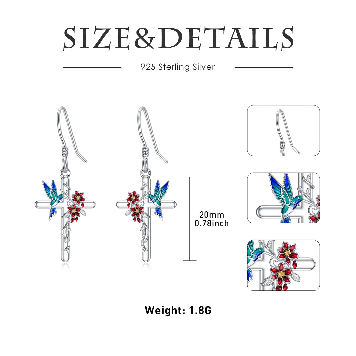 LONAGO Hummingbird Earrings for Women Sterling Silver Hummingbirds Cross Dangle Earring Jewelry Gift for Women