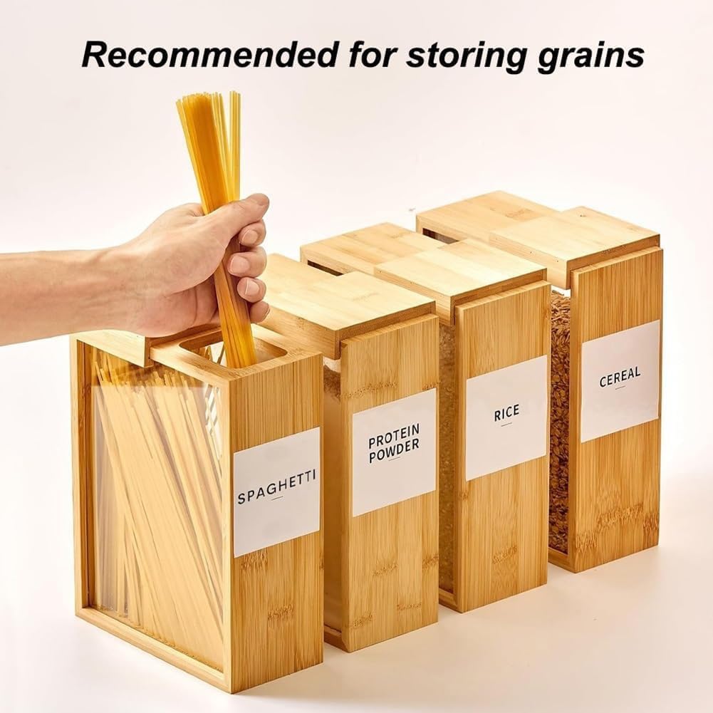 Pniotra Cereal Containers Storage Dispenser for Panty, Kitchen Organization Bamboo Food Storage Container with Lables for Rice, Snack, Tea, Dry Food, Pasta (1 Pack)