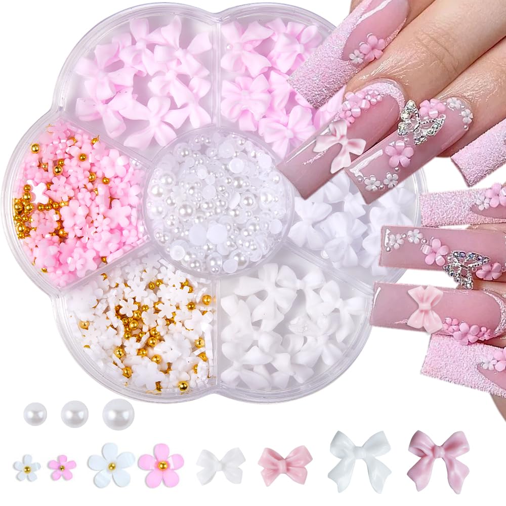 Nail Charms, Flower Bow Manicure Kit, Pink White 3D Cute Flower and Bow Nail Charms, 3D Acrylic Flowers Nail Gems with White Half Pearls Nail Art Decoration