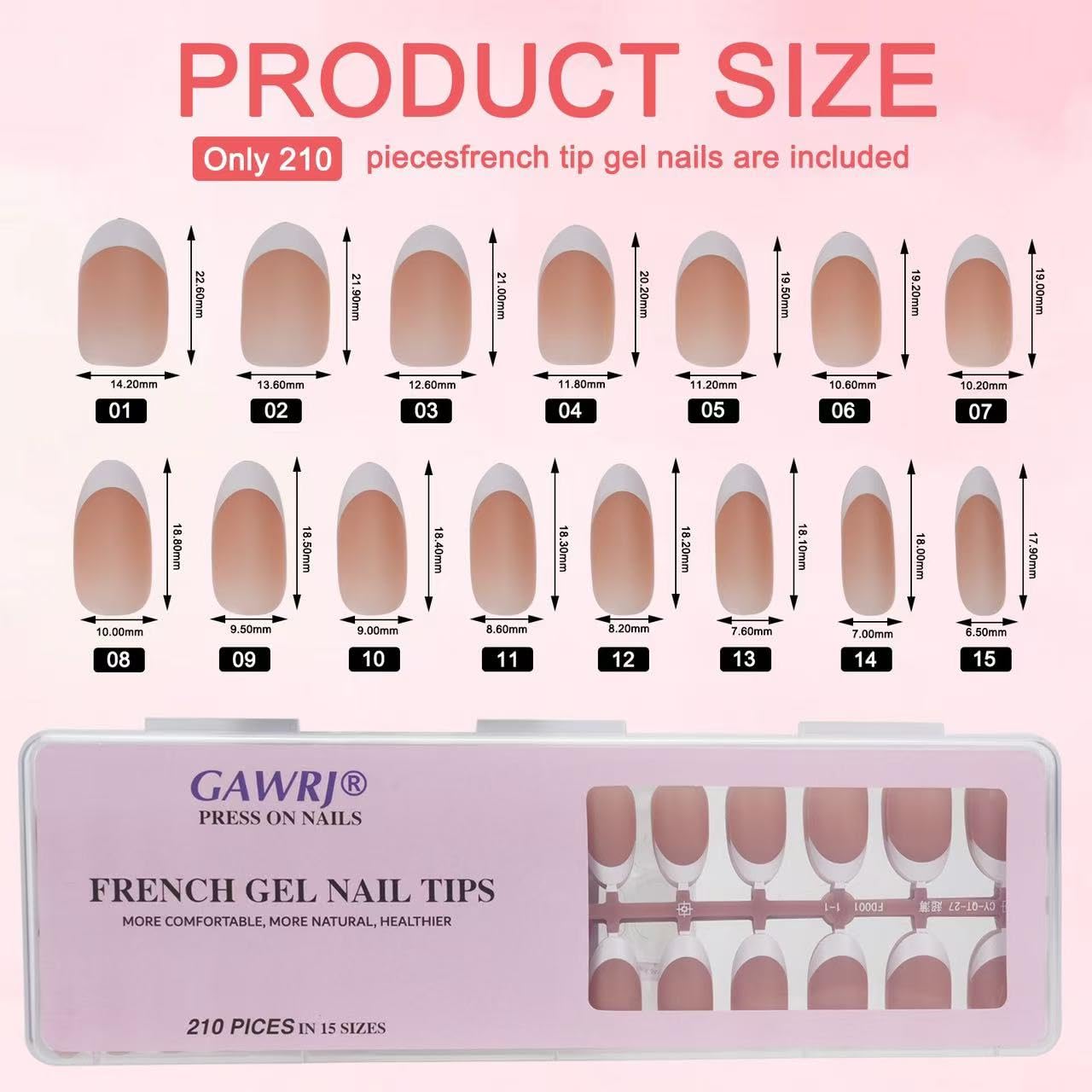 GAWRJ 210Pcs French False Nails Oval Shape - 15 Sizes with Nail Tools Kit, Manicure Salon Supplies for DIY Nail Art, Natural Brown Full Cover Tips, Requires Base/Top Coat