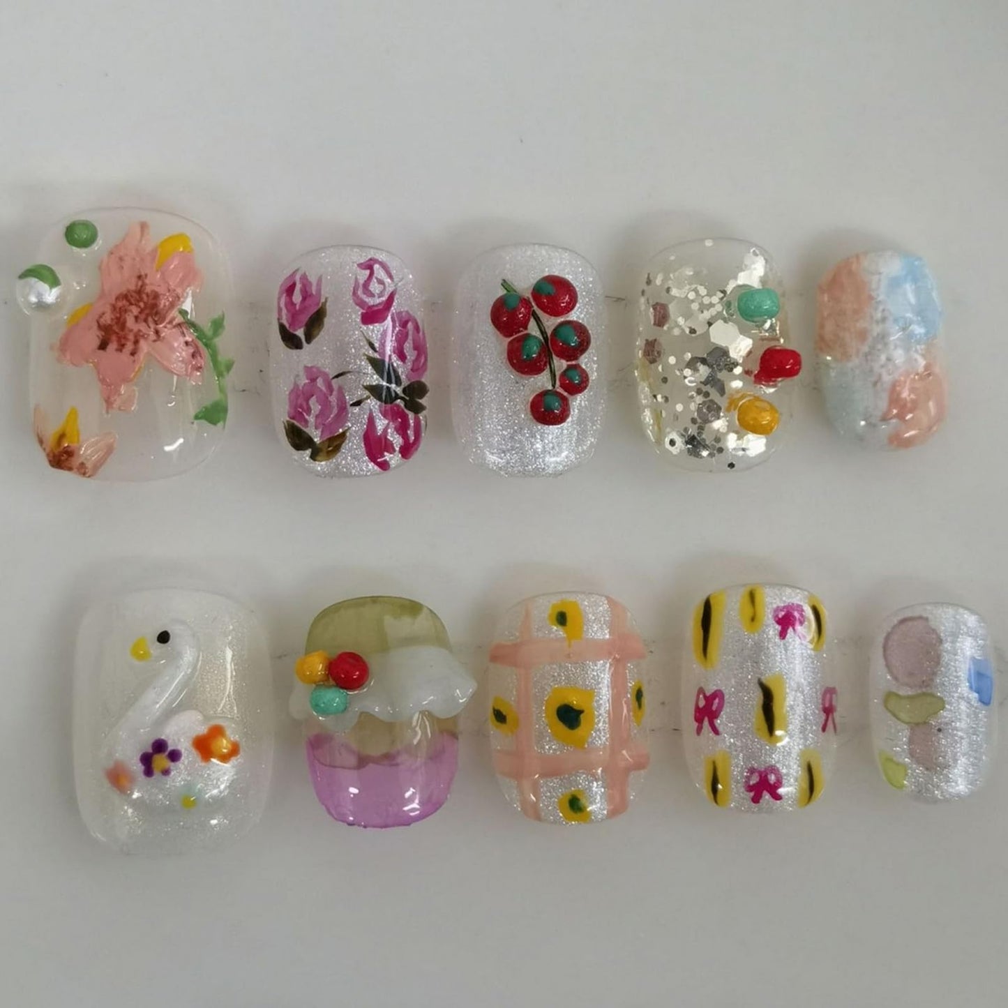Cute Handmade Press on Nails Extra Short Square 3D Unique Reusable ABS Material Fake Nails Luxury Rose False Nails with Designs Swan Flower Art Glossy Glue on Nails Thick Acrylic Nails(S)