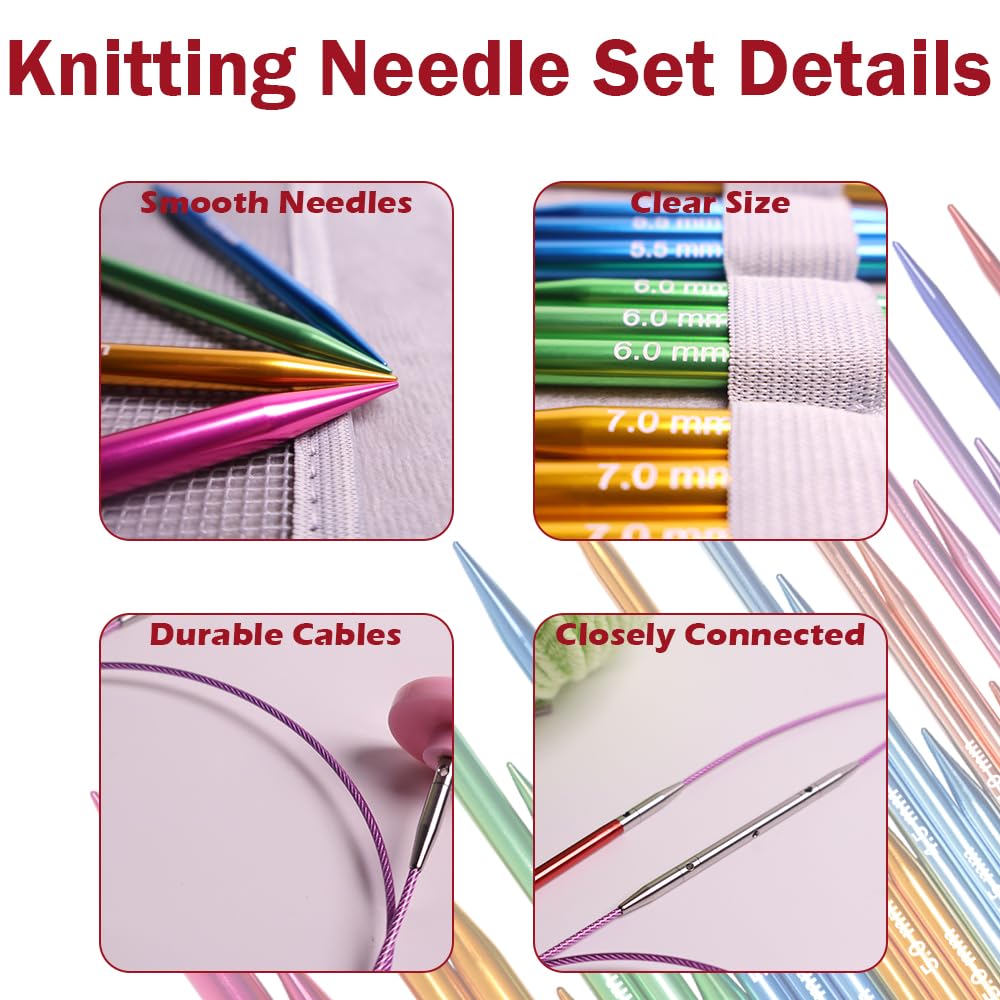Lewhoo Circular Knitting Needles Set with Case,11 Pairs Interchangeable Aluminum Circle Needles with 5 Cables 3.0~8.0mm Multicolored