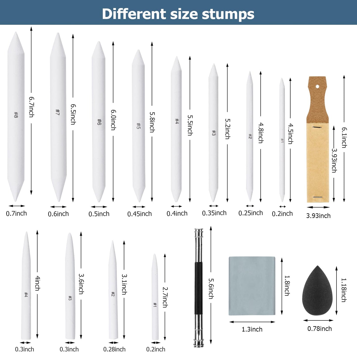 AGPTEK 48 PCS Sketch Drawing Tools, 20 Blending Stumps Set and 2 Sandpaper Pencil Sharpeners, Pencil Extension, Erasers,20 sponge replacement heads & 1 Felt Bag for Student Sketch Drawing Accessories
