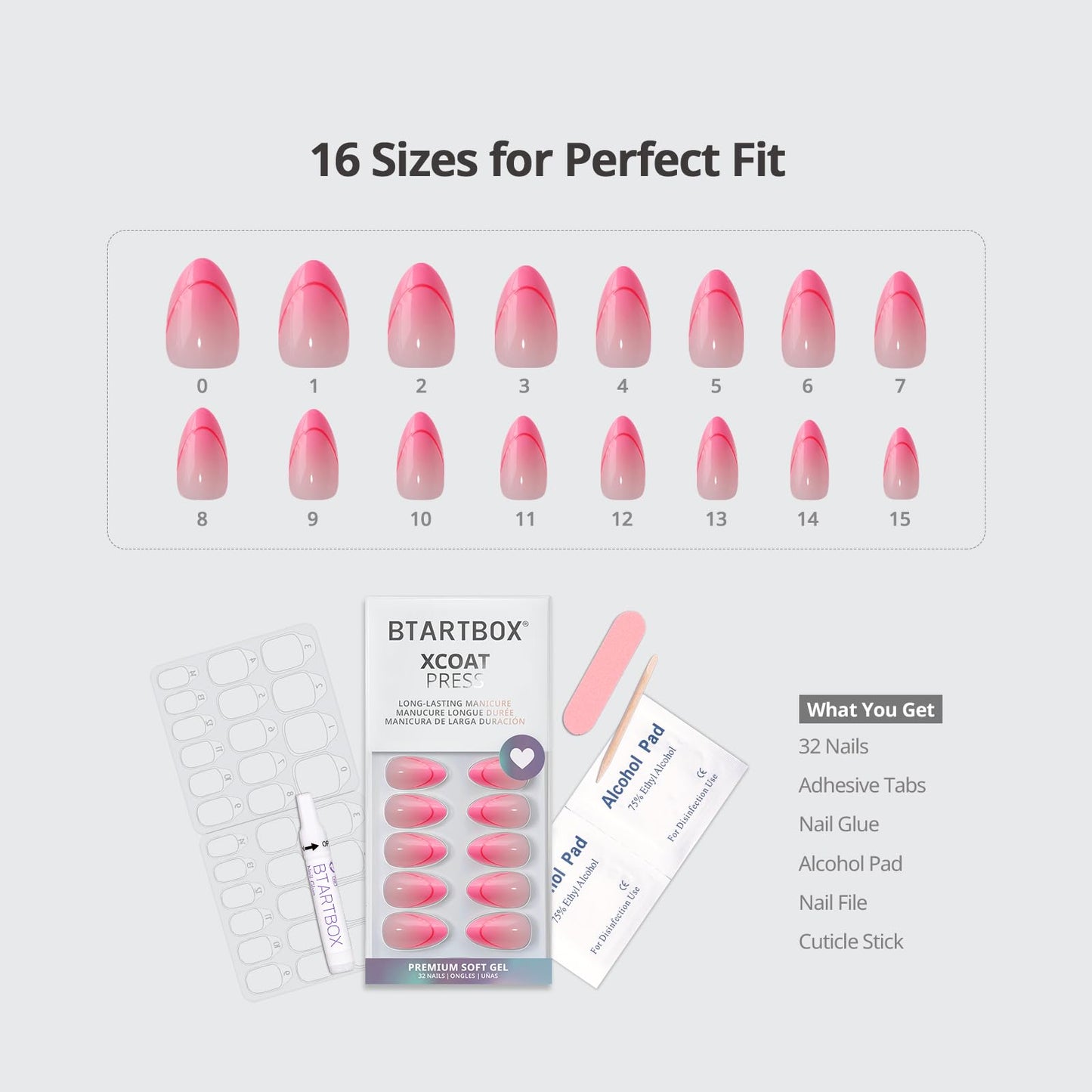 BTArtbox French Tip Press On Nails - Social Grace, Lamp-Curable 4-Week Wear Hot Pink Short Almond Press On Nails with Glue and Adhesive Tabs, Easy-to-Apply in 16 Sizes - 32 Nails All-in-One Kit