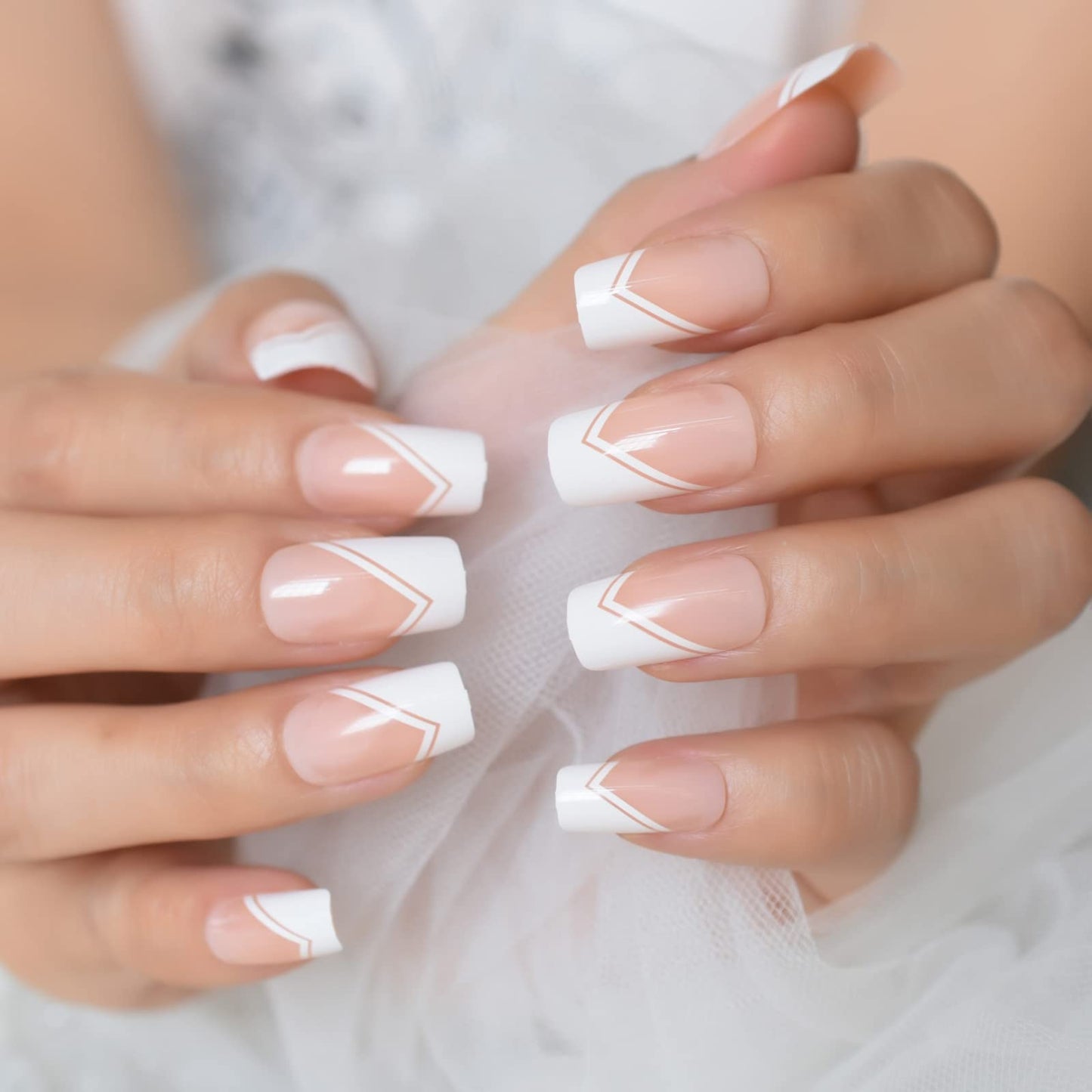 Coolnail Glossy White V French Press on False Nails Square Flat Top Shape Gel Natural Nude Medium Long Fingersnails for Women and Girl