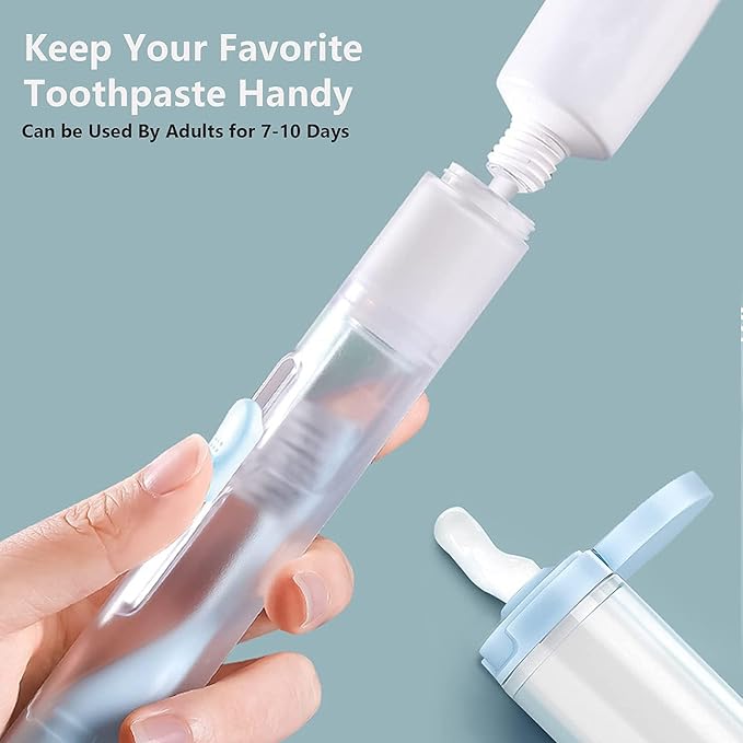 2Pcs Travel Toothbrushes Kit Fold Travel Size Toothbrushes Built-in Toothpaste Container, Including 2 Cleaner Head Soft Bristles for Camping, School, Business Trip (Blue, Pink)