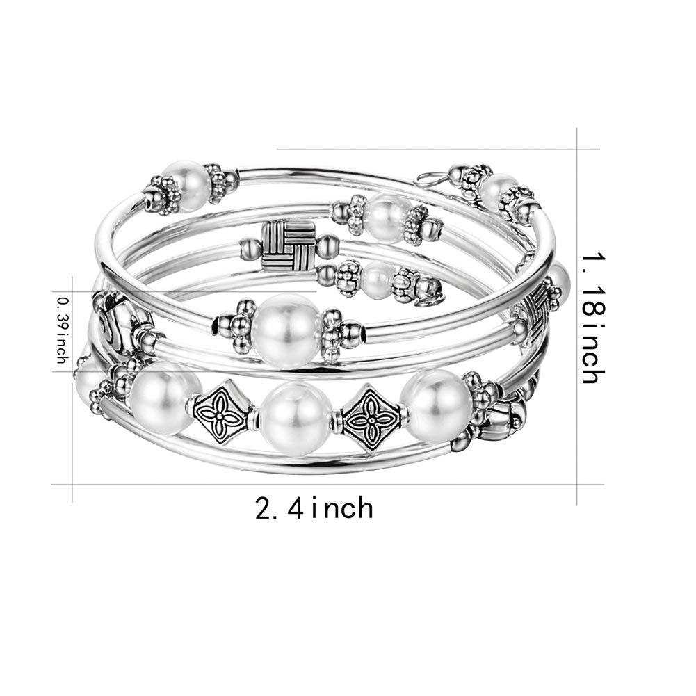 Beaded Pearl Bangle Wrap Bracelet - Fashion Bohemian Jewelry Multilayer Charm Bracelet with Thick Silver Metal Beads, Gift For Women(White)