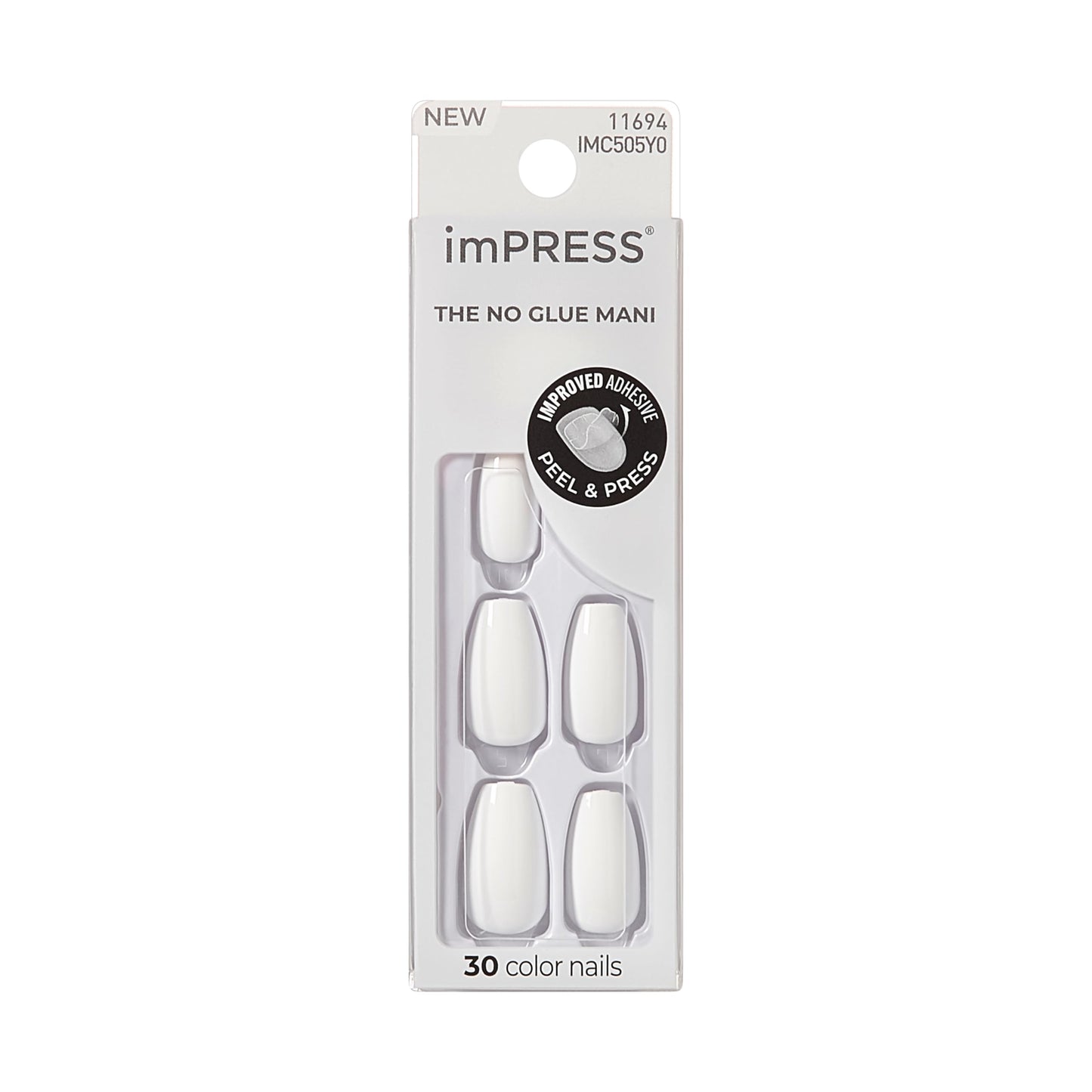 KISS Impress No Glue Mani 30 Pcs Press on Nails, Medium Coffin False Nails, Solid Pure White Stick on Extensions, Peel & Press Easy Apply, Hassle-Free Removal, Includes Manicure Stick, Prep Pad & File