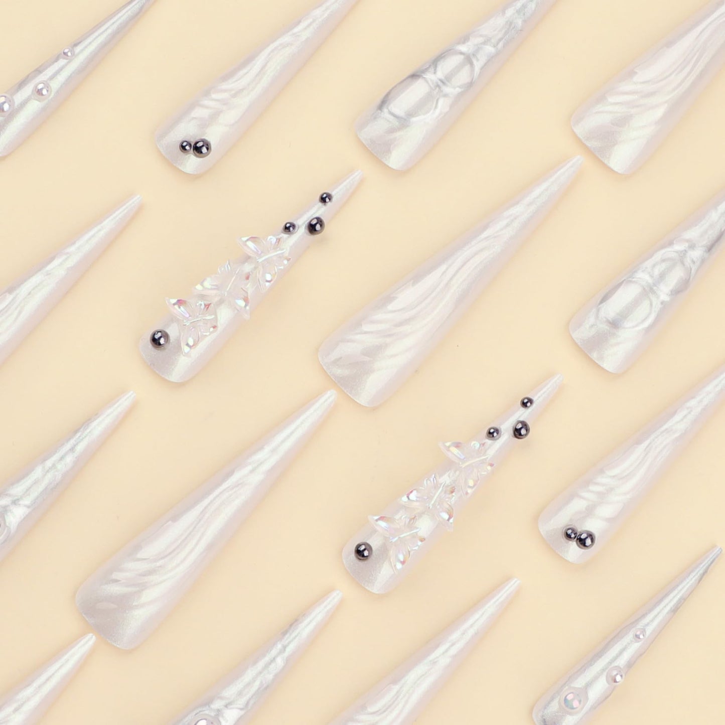 IMRAIN Press on Nails Long Stiletto Fake Nails White Chrome Glossy Glue on Nails Full Cover Pearl Extra Long Acrylic Nail Kit Stick on False Nails for Women Girls 24Pcs