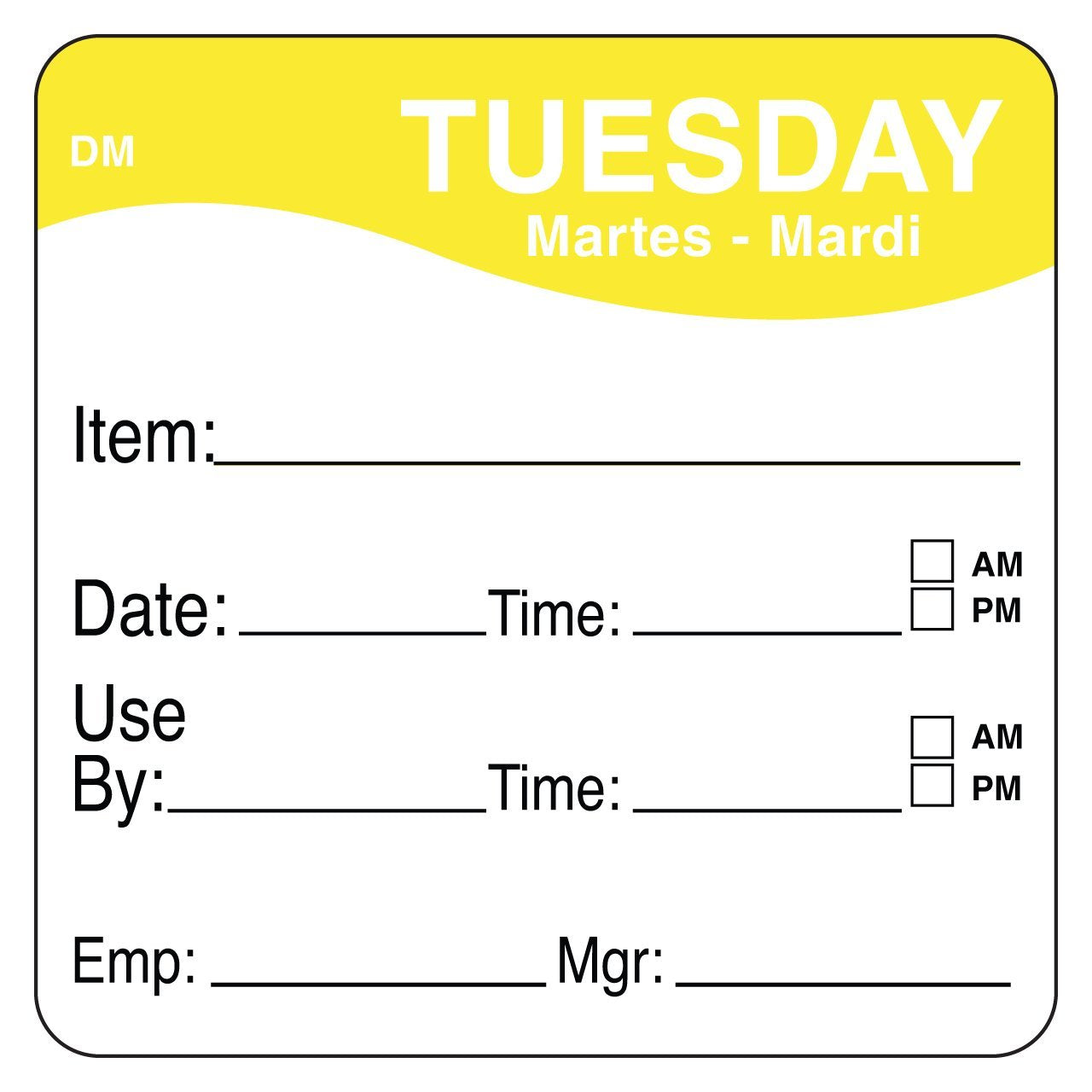 DayMark Safety Systems Day of the Week 2" x 2" Dissolvable Label, Tuesday, Item/Date/Use By, (Roll of 250)