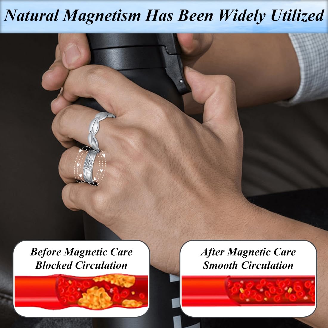 Vicmag Copper Magnetic Ring for Women, Magnetic Rings Ladies Fingers Thumb 100% Solid Pure Copper Jewelry Gift Adjustable (Leave+Folwer Silver)
