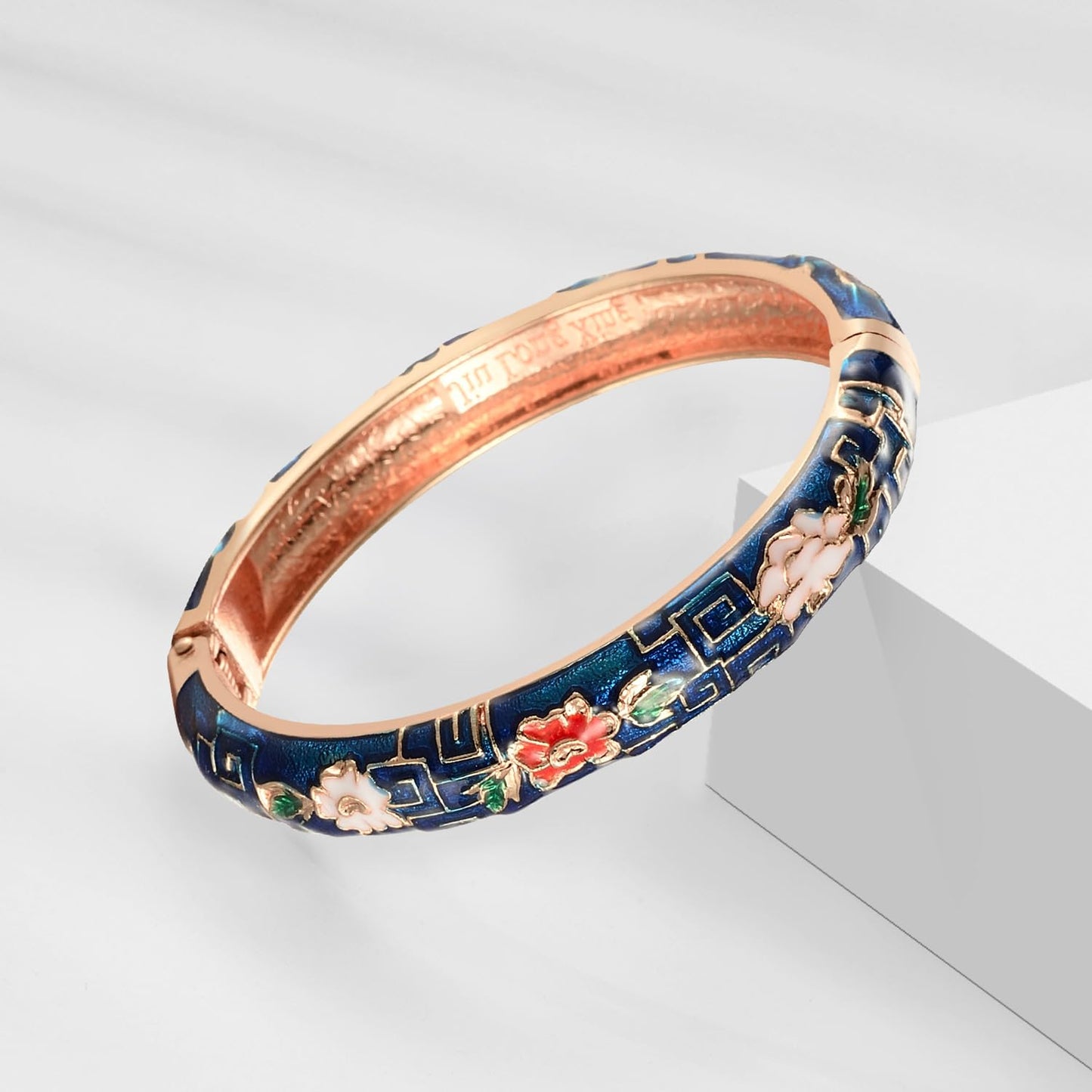 UJOY Vintage Cloisonne Bracelets Flower Enameled Jewelry Plated Cuff Bangle for Women Gift Box 55A113-55A114 WineRed Blue