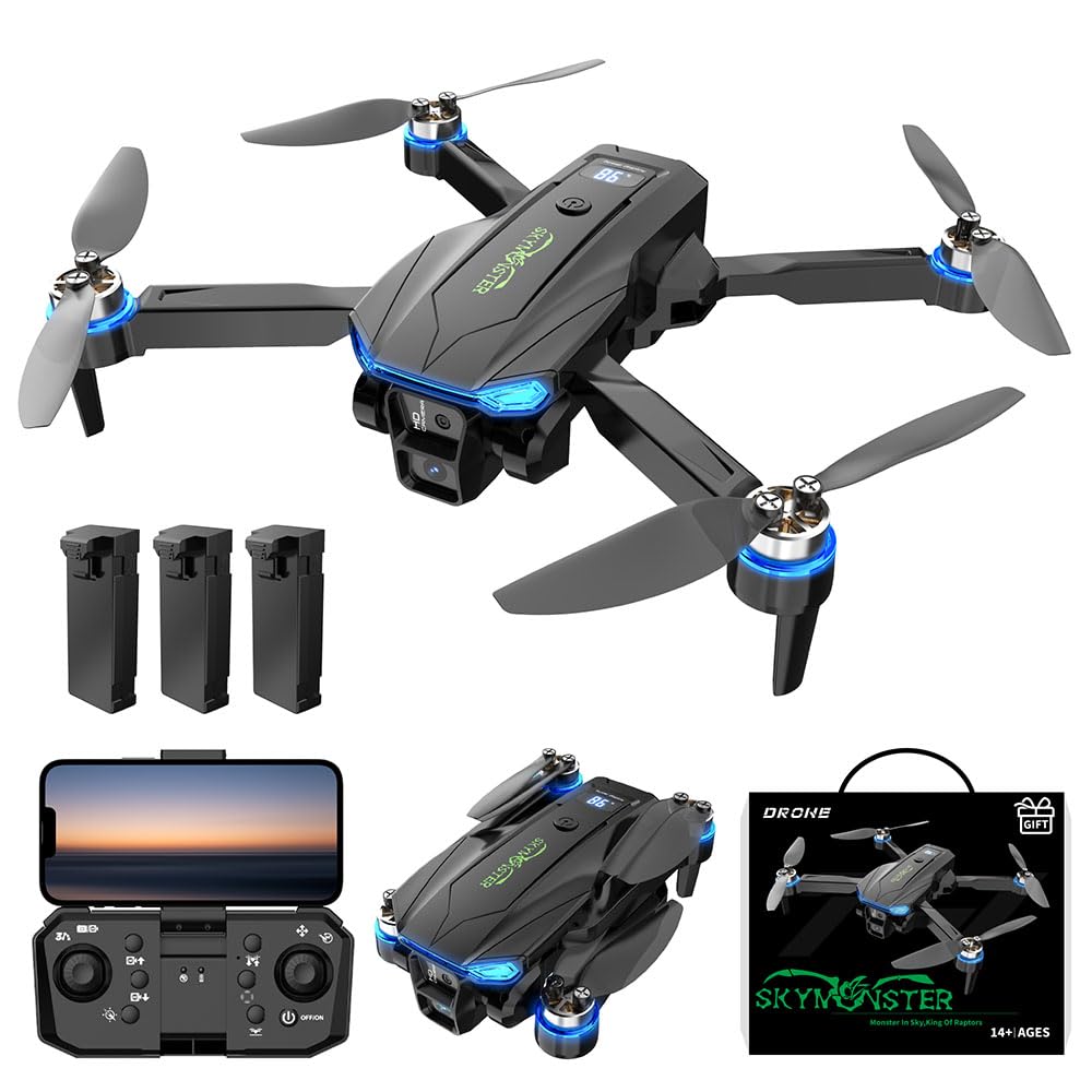 SKYMONSTER RC Drone,Drones 1080P HD Camera,3PC Batteries, FPV Foldable Drone With Brushless Motor,FPV Foldable RC Quadcopter, Real-Time Battery Display, Toys With Gift Box
