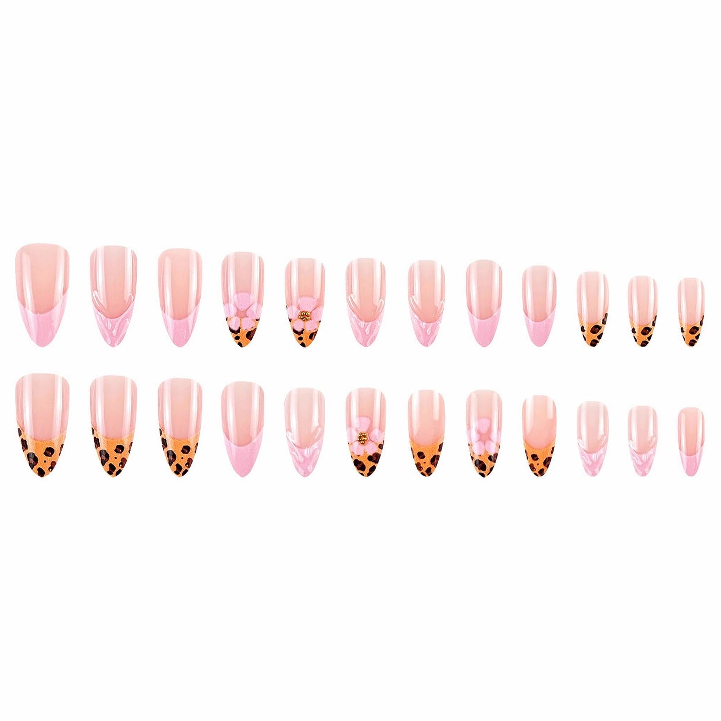 MISUD Press on Nails - Medium Almond Glue on Nails with Cheetah French Tip, Acrylic Pink Flower Design 24 pcs