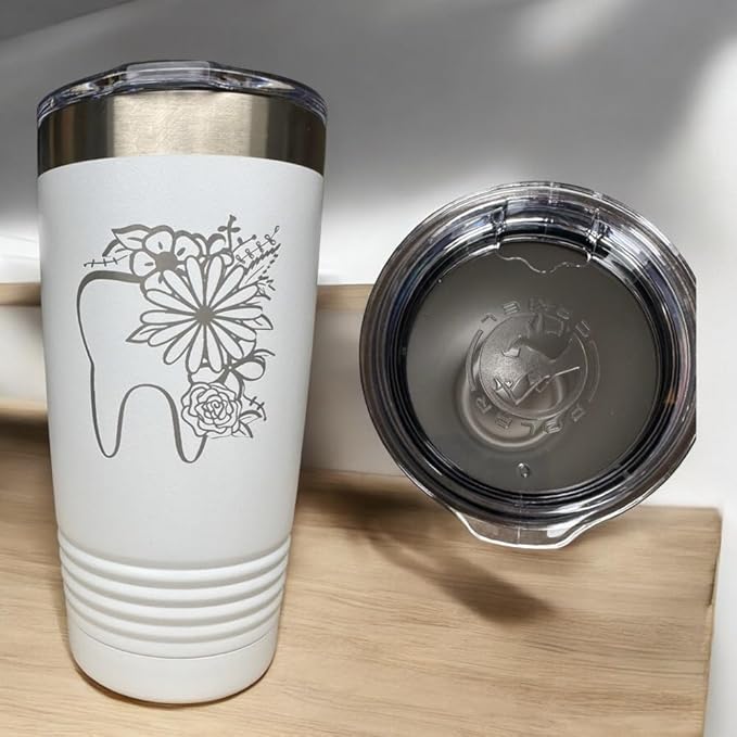 Dental hyginiest tumbler 40oz tumbler Tooth tumbler Dental water bottle Gift for dentist Gift for dental hyginiest Office gift (20oz White-Floral tooth)