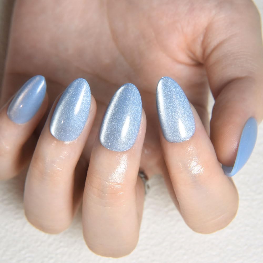 evpct Sky Blue Cat Eye Real Short Press on Nails Almond, Petite Short Almond Stick on Nails for Women Gift, Sky Blue Holographic Glossy Fake Nail Reusable, Soft Press on Acrylic Nail with Designs