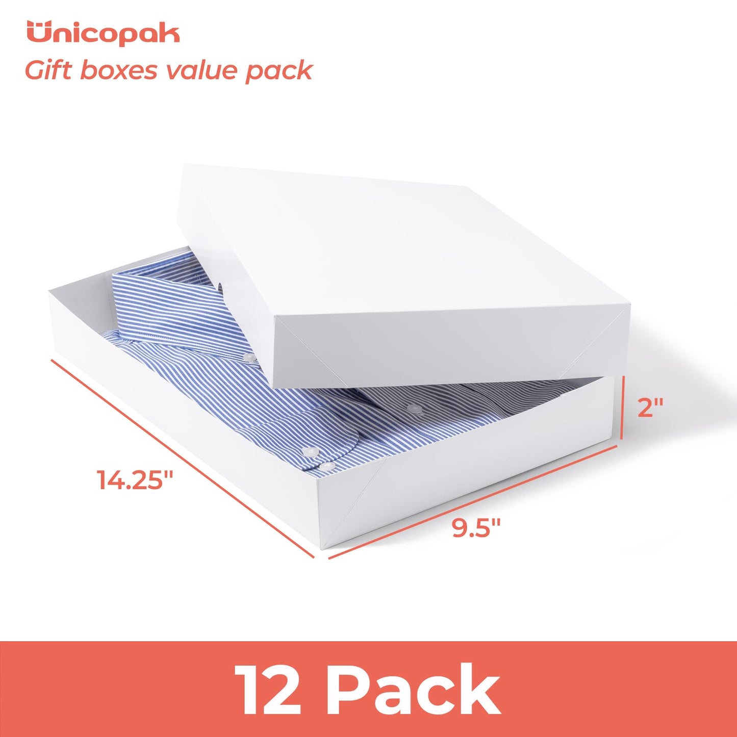 UnicoPak 12 Pack Medium White Cardboard Gift Boxes with Lids for Presents, Gift Boxes for Clothes, Shirt Boxes, 14.25x9.5x2 Inches