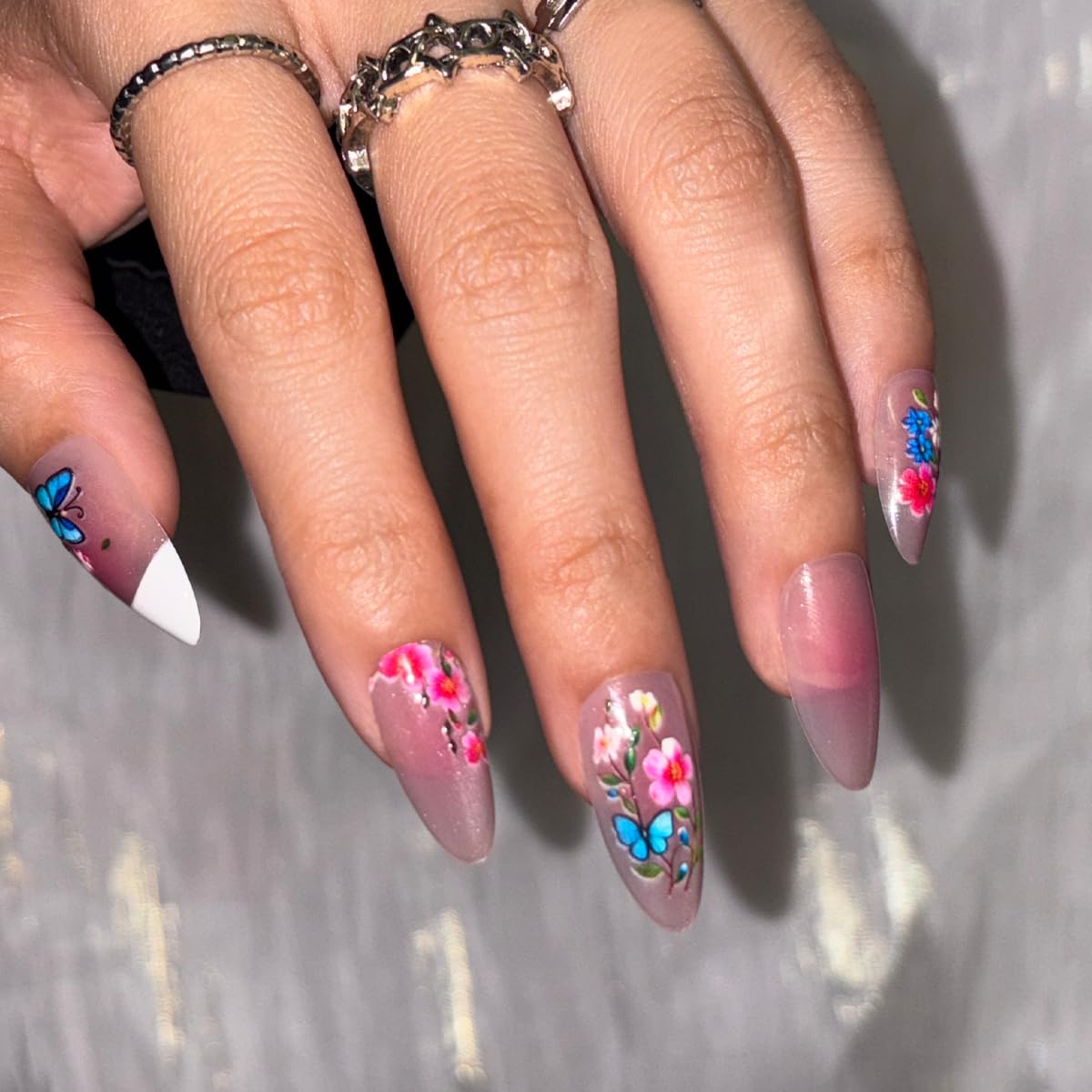 Spring Press on False Nails White French Tip Cat Eye Fake Nails Medium Almond Glue on Nails with Colorful Flower Butterfly Designs Glossy Press ons Stick on Nail for Women Manicure 24Pcs