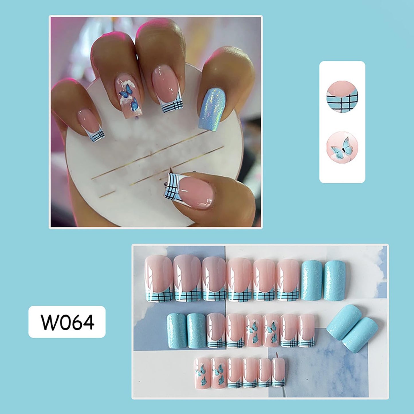 Vezocim French Tips Press on Nails Square Shapes 24Pcs Glossy Full Cover Medium Acrylic Blue Square False Nails with Butterfly Designs Artificial Coffin Fake Nails Glue ons Fingernails for Women