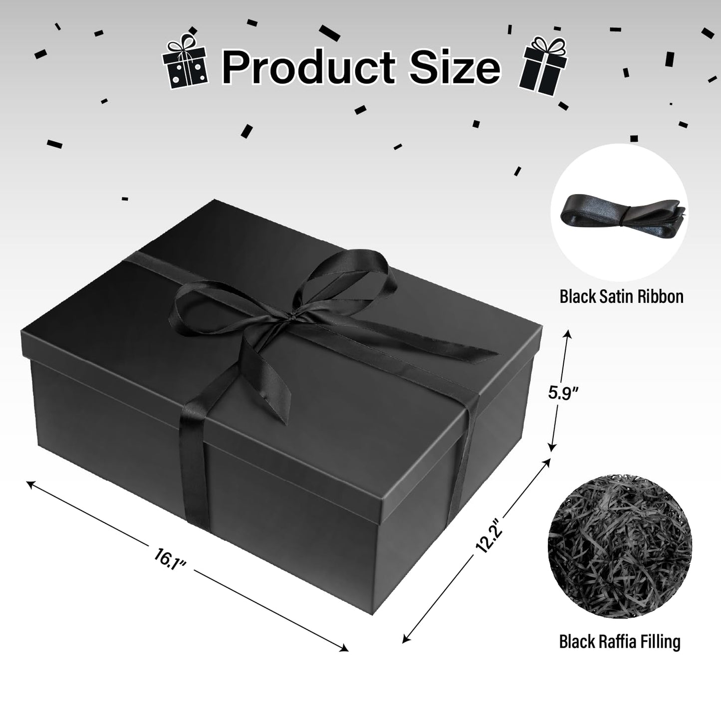 ysmile Black Gift Box with Lid for Present Extra Large Collapsible Gift Box with Filler Paper Ribbon for Birthday Anniversary 16.5x12.5x5.9