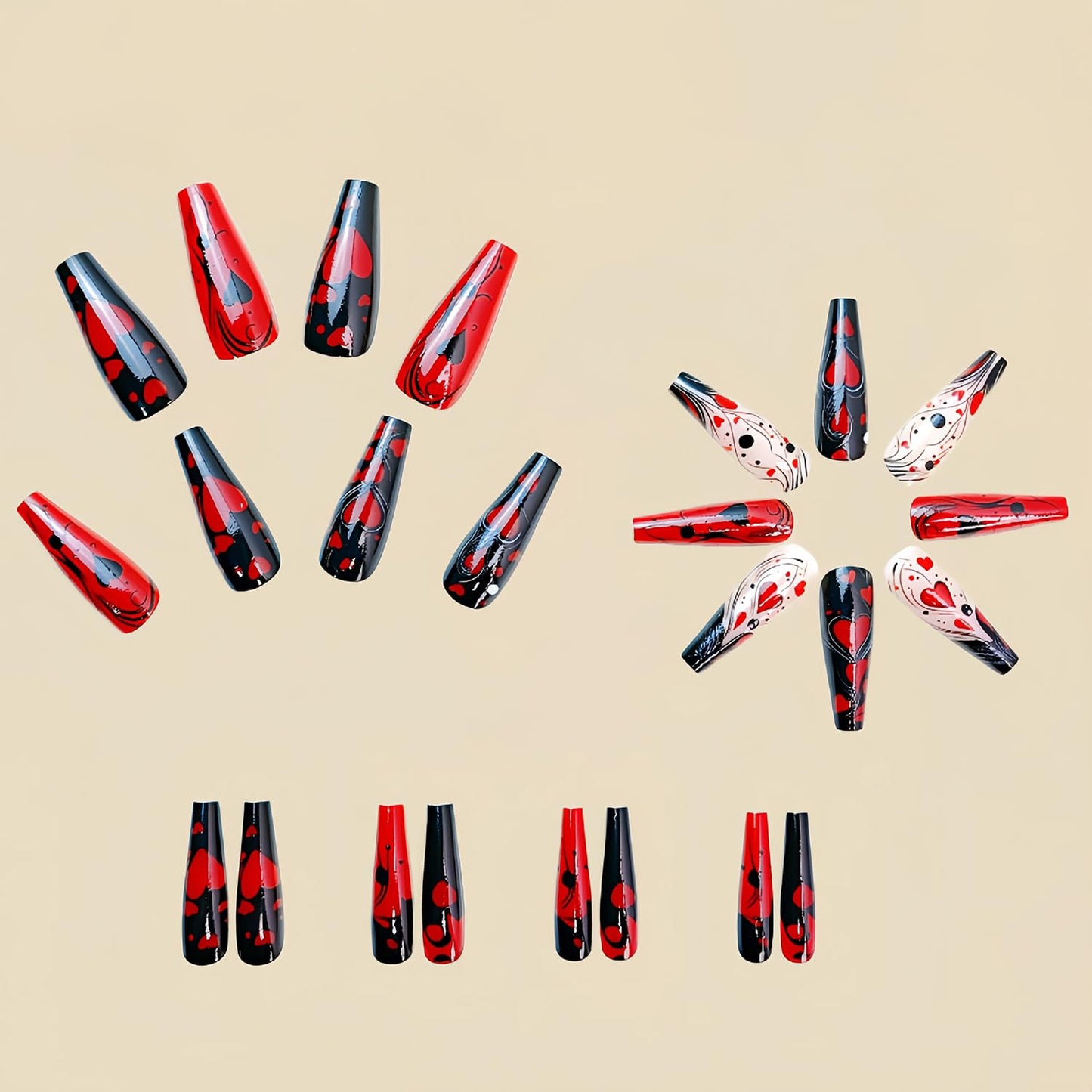 CJDLTS Heart Press On Nails Long Length Ballet Shaped Full Cover Glossy Acrylic False Nails 24pcs/Box Red, Black Hearts