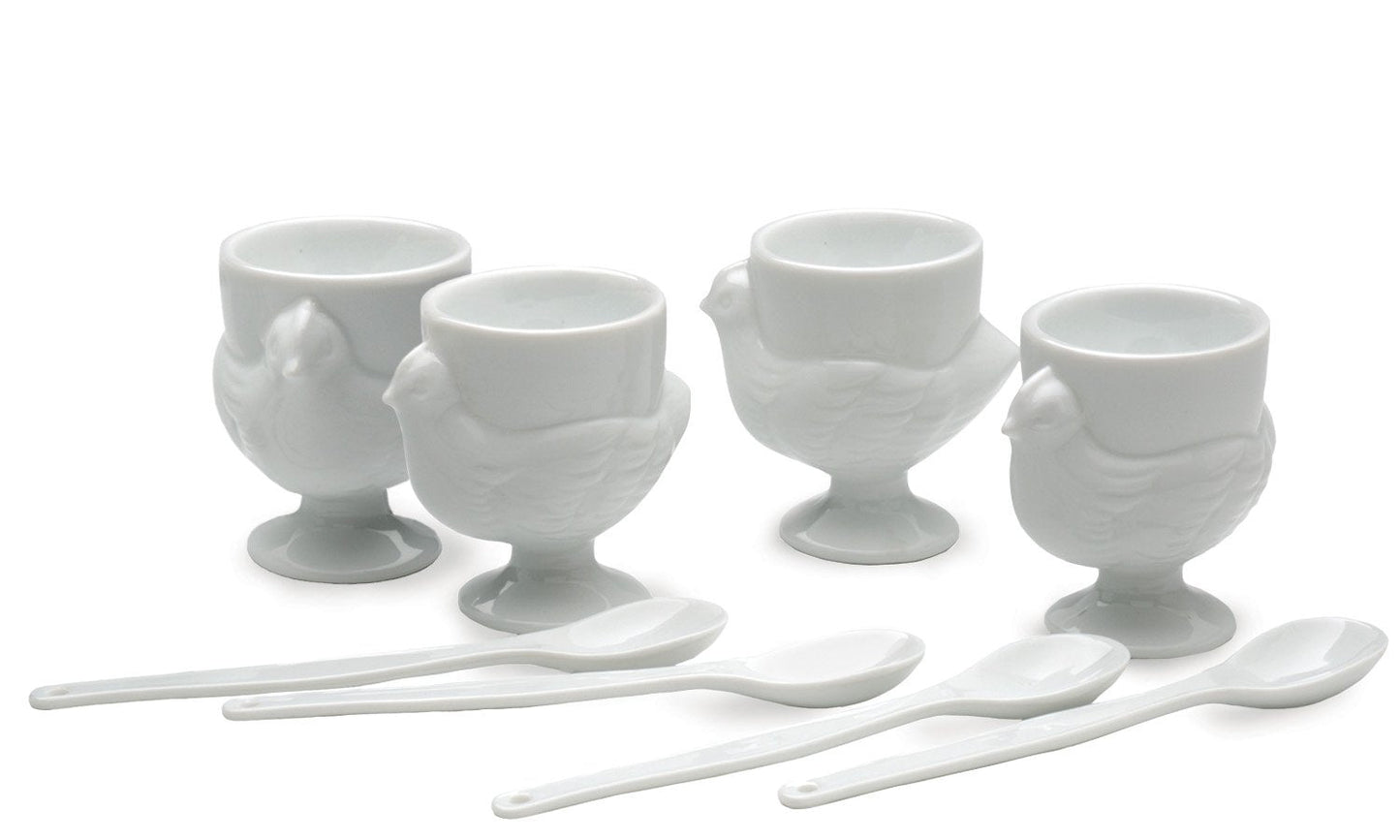 RSVP International Kitchen Accessories Collection Soft Boiled Egg, White Porcelain, Cup & Spoon Set, 8 Piece