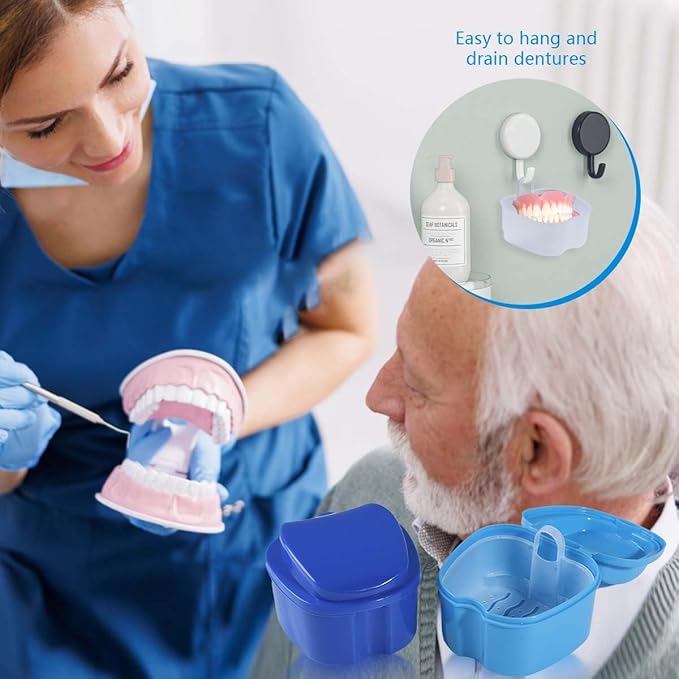 Blue Denture Bath Case Cup Box Holder Storage Soak Container with Strainer Basket for Travel Cleaning
