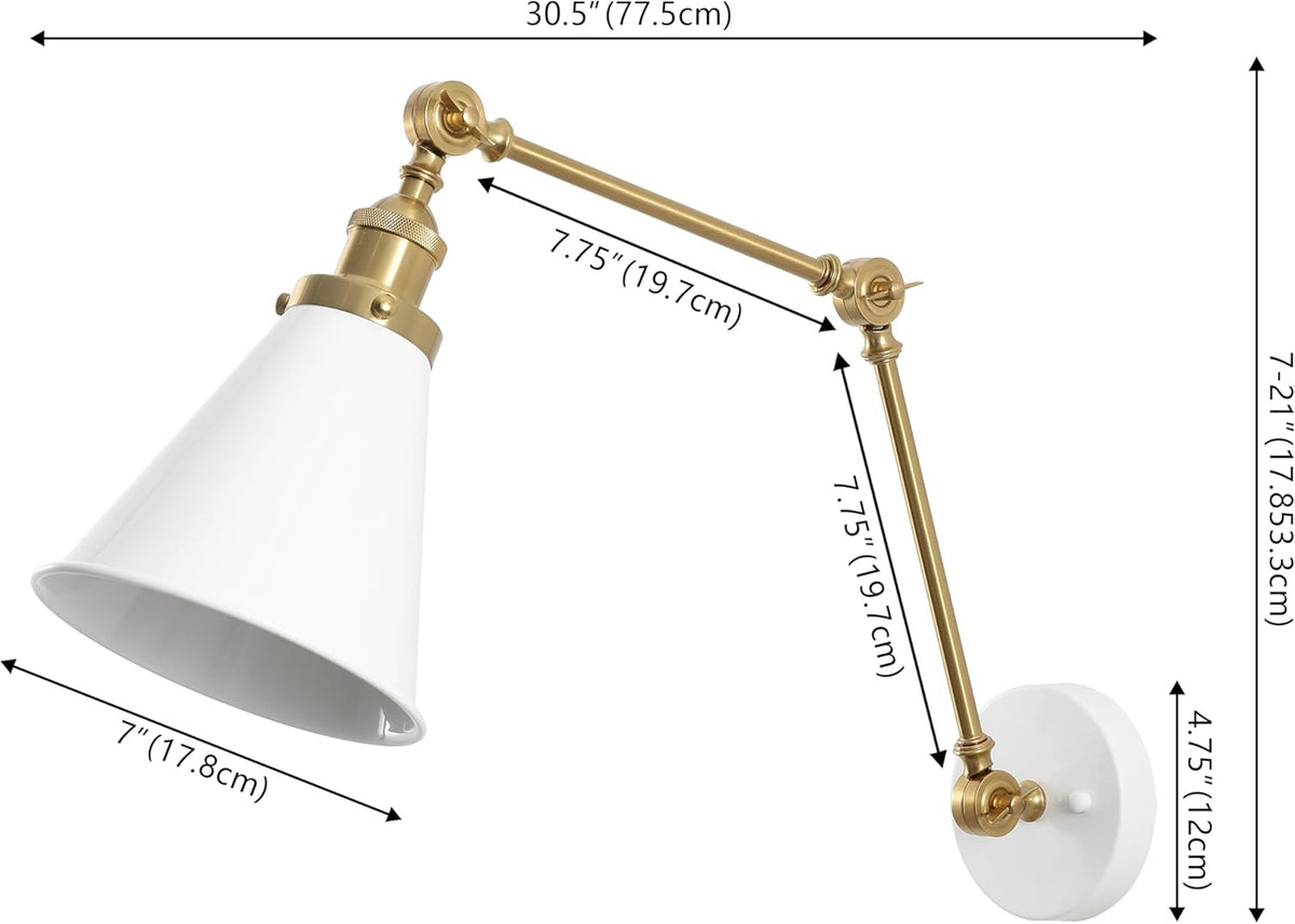 JONATHAN Y JYL7462B Rover 7" Classic Industrial Metal Adjustable Arm LED Wall Sconce, White/Brass Gold for Bedroom, Bathroom, Vanity