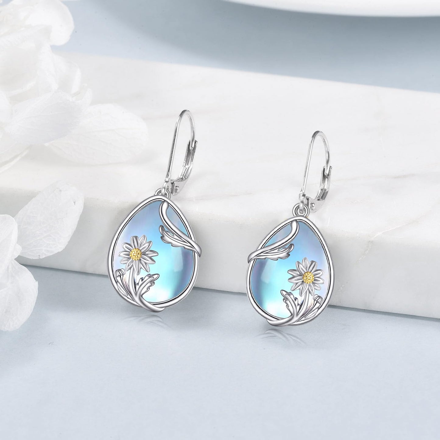 YFN Daisy Flower Moonstone Earrings 925 Sterling Silver Flower Moonstone Drop Leverback Earrings Jewelry