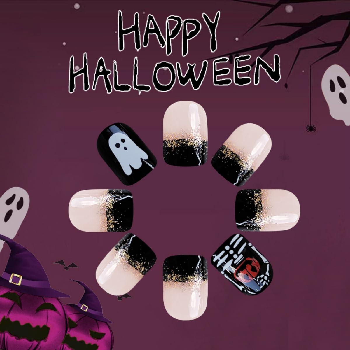 Halloween Press on Nails Short Square Fake Nails Pumpkin Ghost Skeleton Desige Stick on Nails Gold Glitter False Nails Gradient Artificial Handmade Acrylic Glue on Nail for Women Manicure 24Pcs