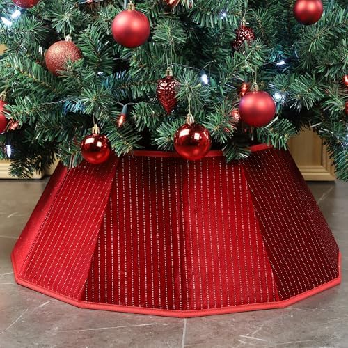 Blissun Christmas Tree Collar, Velvet Foldable Christmas Tree Ring with Silver Dotted line, Christmas Tree Skirt for Artificial Christmas Trees Decoration, Red
