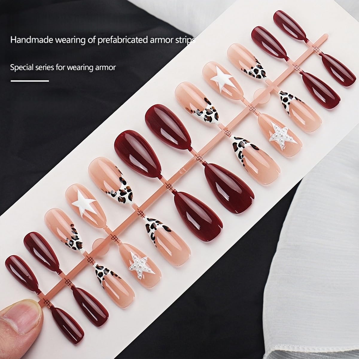 Medium Almond Press on Nails - French Tip Fake Nails with Leopard & 3D Pearl Star Designs False Nails Glossy Glue on Nails Reusable Full Cover Stick on Nails for Women Manicure 24Pcs