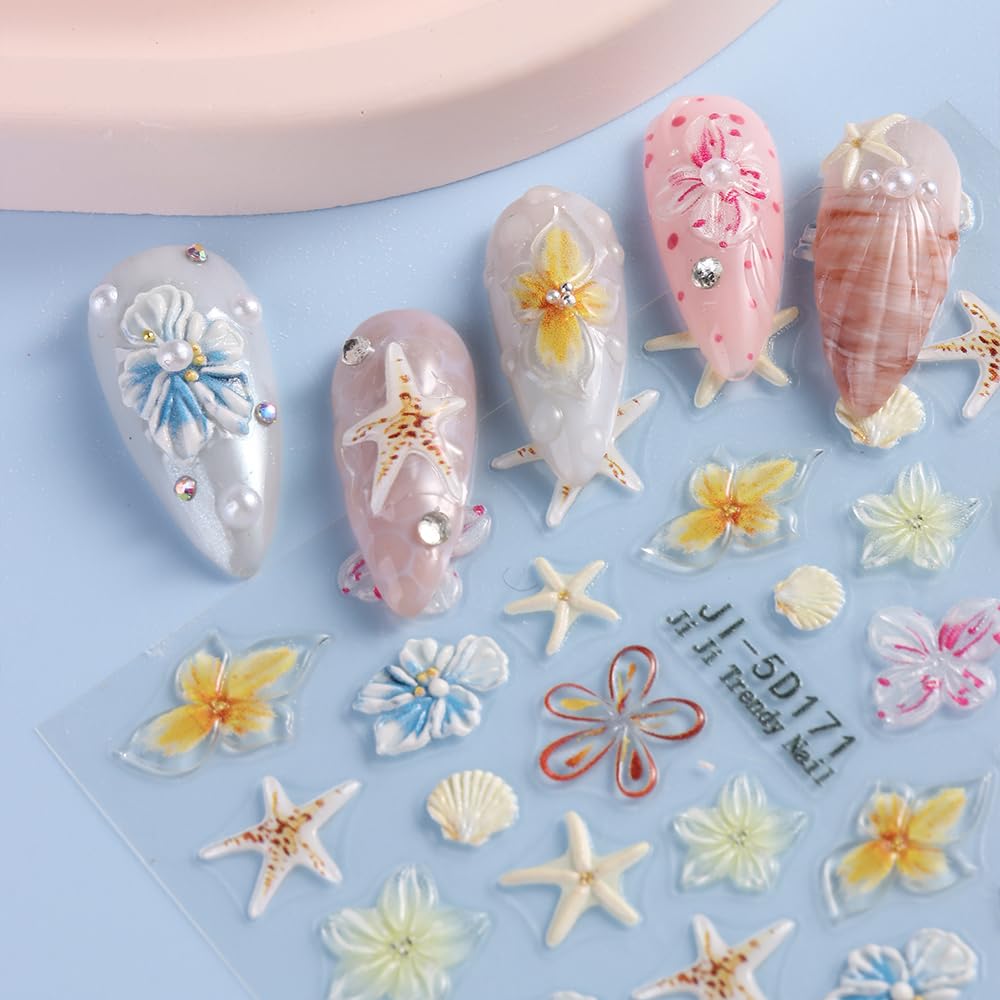 SIMAYKUWA Summer Ocean Nail Stickers | 3D/5D Ice Flower Press-on Designs | Waterproof Nail Art for Beach & Pool Parties | European & American Styles A Set of 3 Sheets