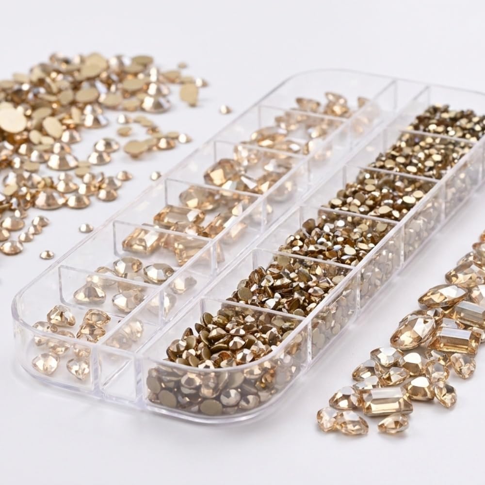 Gold Nail Charms Champagne Nail Gems 3D Clear Flatback Nail Jewels Multi Shape Size Diamonds Nail Rhinestones Shiny Mixed Size Round Hearts Crystals Gems for DIY Nails Faces Eyes Makeup Crafts 12Grid