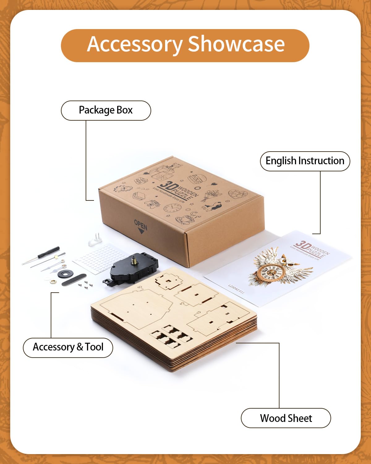 Rnfinewow 3D Wooden Puzzles for Adults, Snowy Owl Clock Kit with Pendulum, Beginner 3D Puzzles Model Kit DIY Crafts for Home Wall Decor Hobbies Birthday Christmas Day Gift for Teens Adults