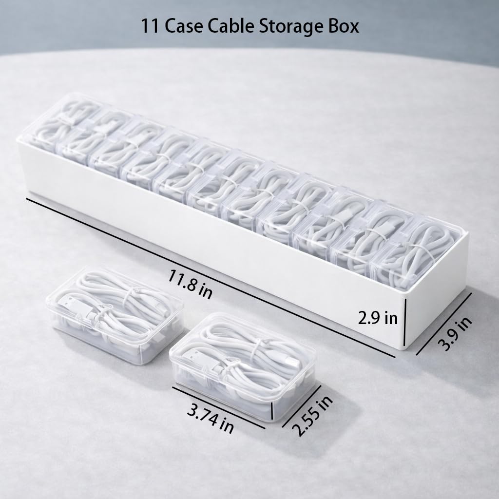 2 Pack Cable Organizer Box Set with 7 and 11 Clear Cases for Charging Cables, Chargers, Earphones and Small Accessories, Includes Cable Ties and Labels for Home, Desk and Drawer