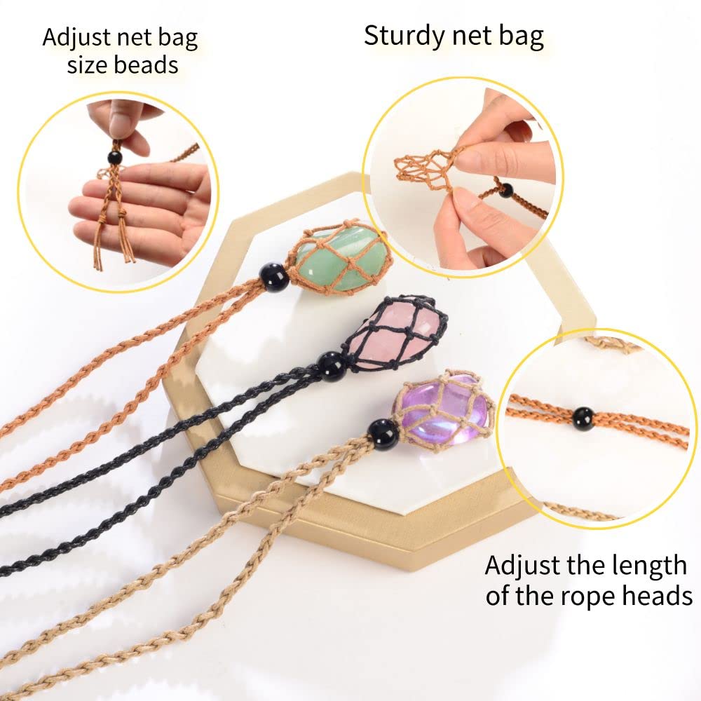 Anjiucc 12 PCS Crystal Cage Necklace With Adjustable Length - Empty Stone Pendant Holder Replacement Hand-Woven Cord (Coffee + Khaki)