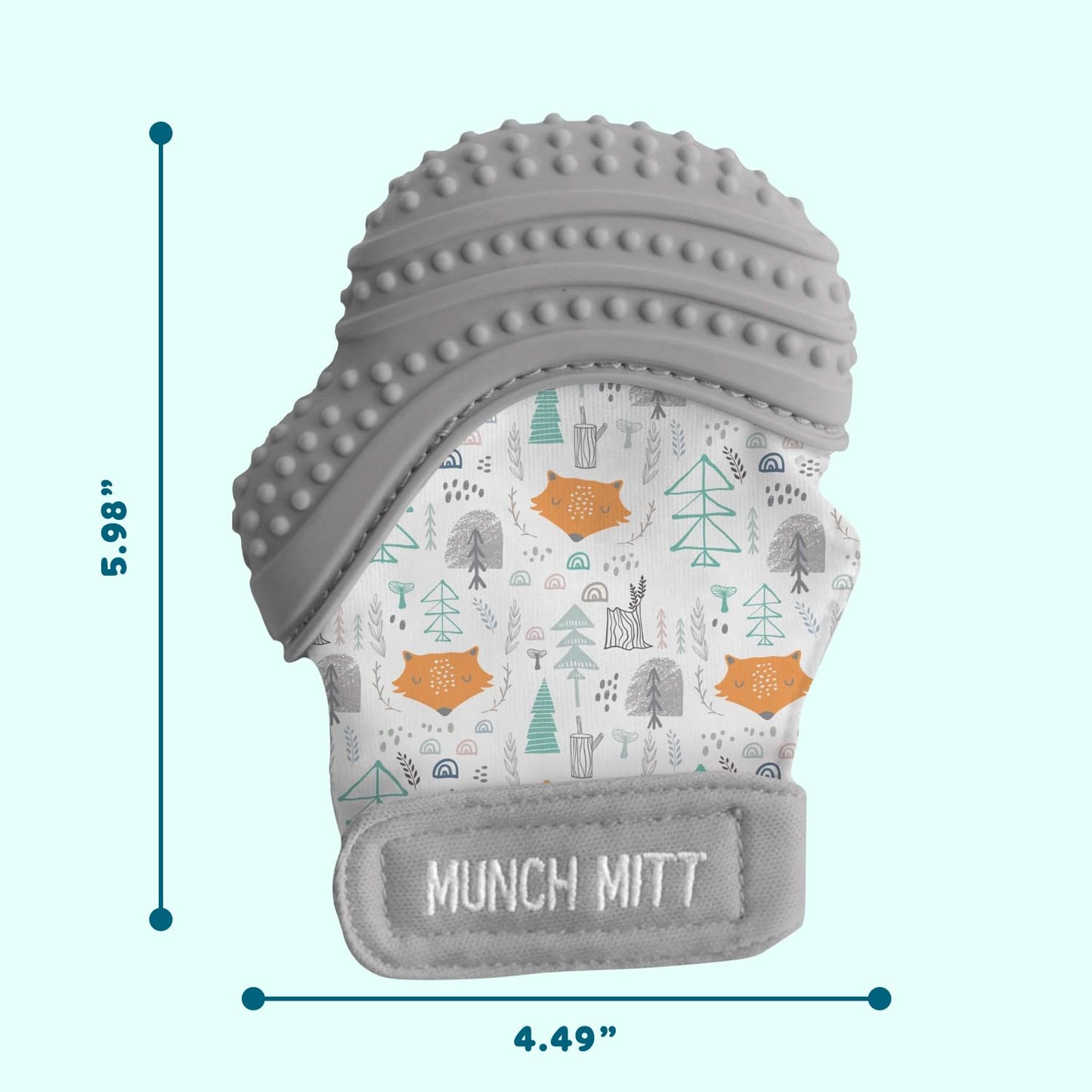 Malarkey Kids Patented Teething Mitten, Munch Mitt Baby Chew Toy - Protects Hands from Chewing & Saliva, Heals Aching Gums, Promotes Sound & Visual Stimulation for Babies - Grey Fox