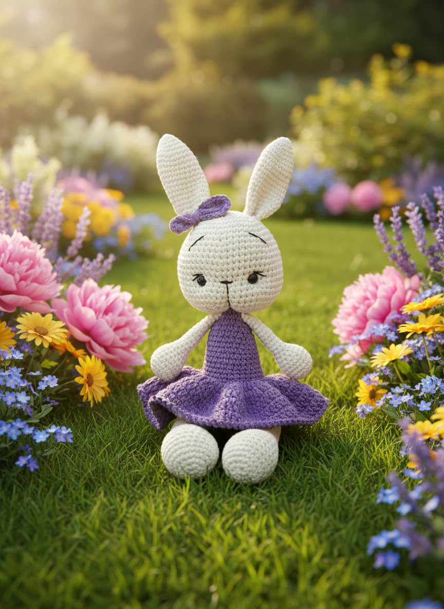Handmade Bunny Plush – 13.5 inches - Soft Cotton Knit Stuffed Animal – Shower Gift – Nursery Decor – Crochet Toy 1PC (Violet)