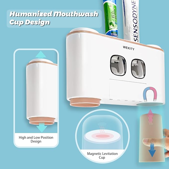 Toothbrush Holder Wall Mounted, WEKITY Multi-Functional Toothbrush and Toothpaste Dispenser for Bathroom, with 5 Toothbrush Slots, 2 Toothpaste Squeezers and 4 Cups(Pink)