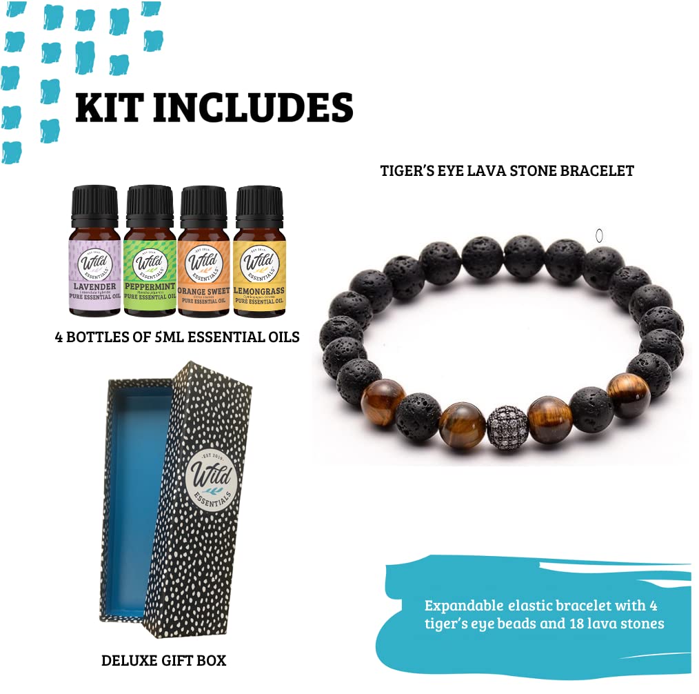 Wild Essentials Tiger Eye Lava Stone Essential Oil Diffuser Bracelet, Expandable up to 8 inches, Aromatherapy Jewelry Gift Set and 100% Pure Oils (Lavender, Lemongrass, Orange and Peppermint)