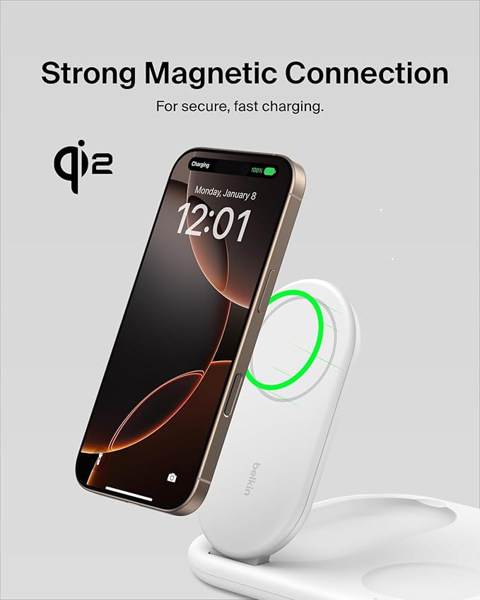 Belkin 3-in-1 MagSafe-Compatible iPhone Charger - Foldable Magnetic Qi2 Certified, MagSafe Charging Station for Phone, Apple Watch, AirPods - Wireless for Multiple Devices