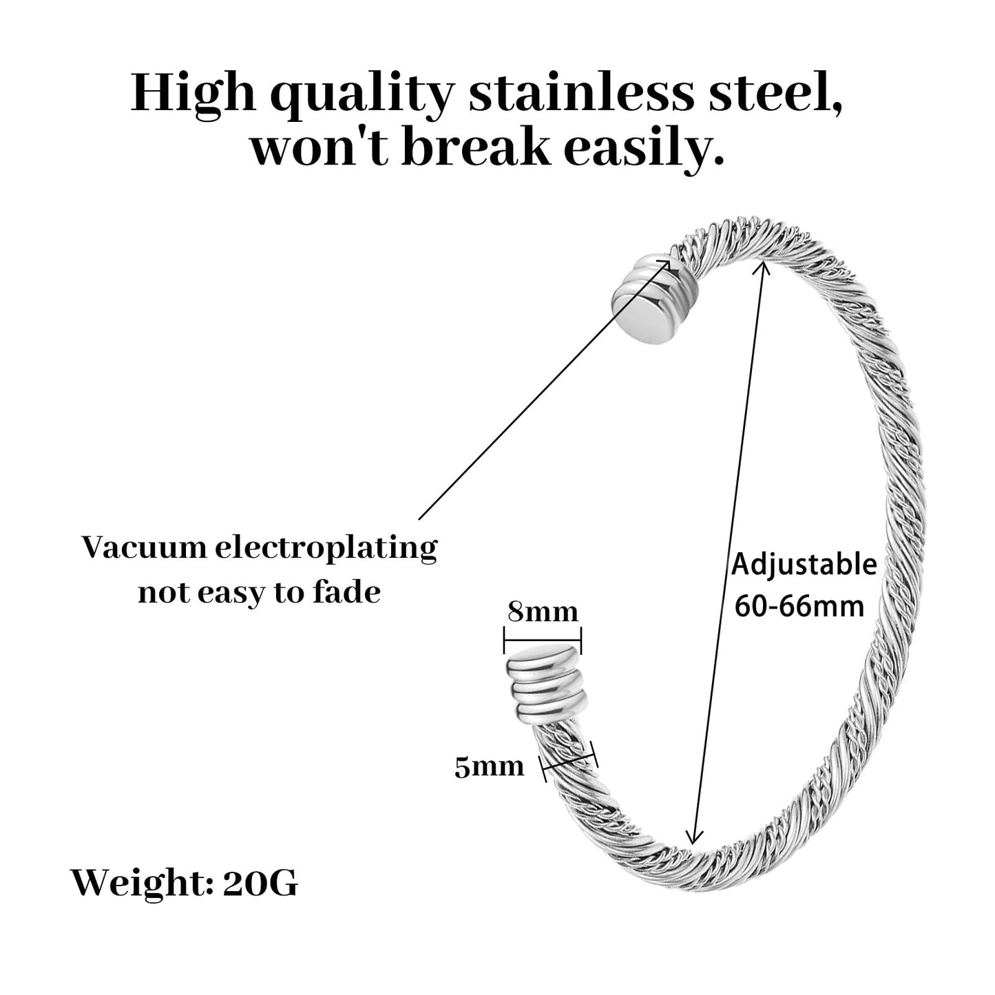 BOLAGTIER Stainless Steel Twisted Cable Wire Bracelets Adjustable Open Cuff Bangle Bracelet Vintage Jewelry Gift for Women (C-Silver 62)