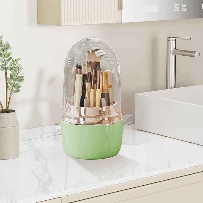 360° Rotating Toothbrush Holder with Cover, 7-Slot Bathroom Organizer for Electric Toothbrush, Toothpaste, Razors, Draining Water, Countertop Vanity Storage