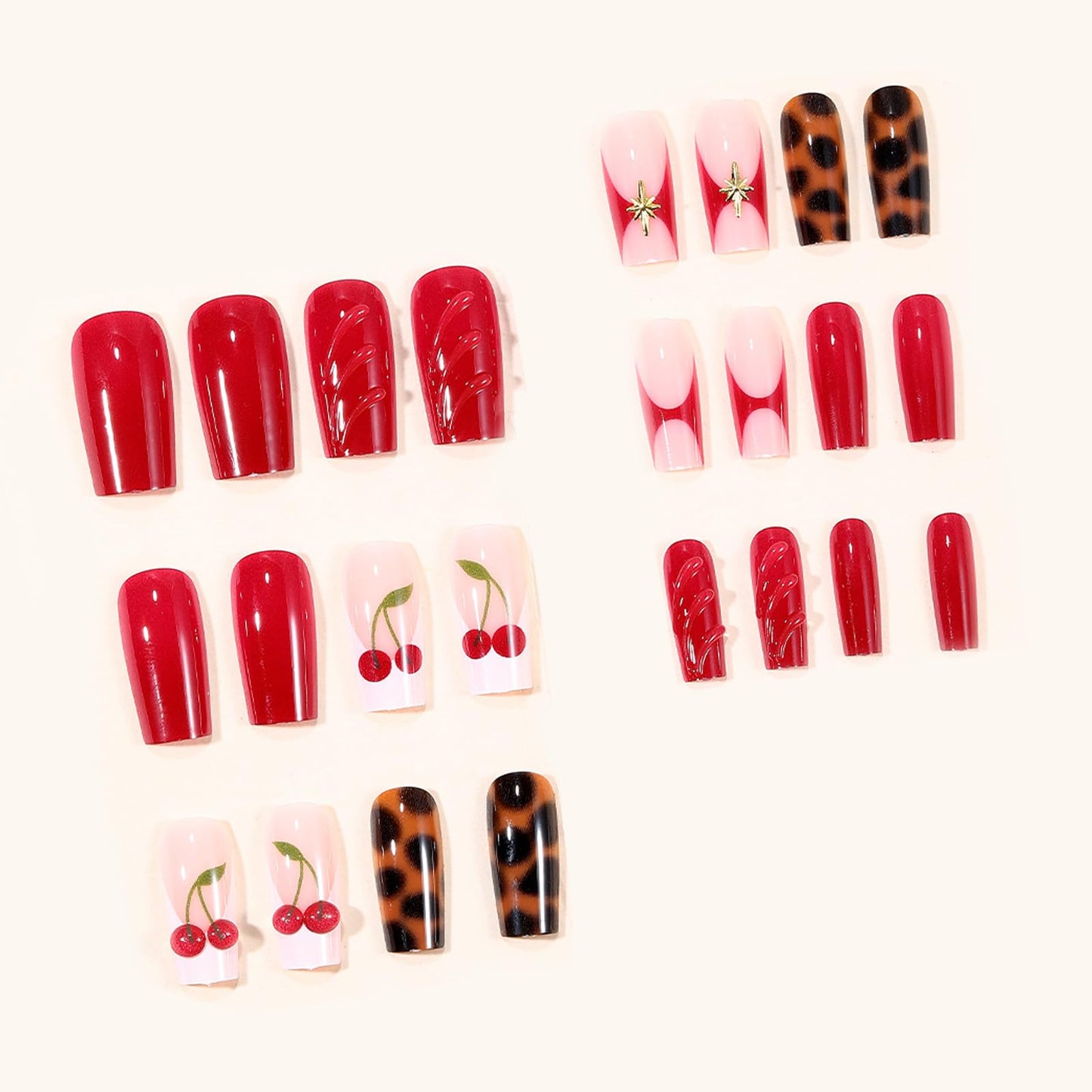 IMRAIN Press on Nails Long Square Fake Nails with 3D Cherry, Leopard Print Designs Glue on Nails Brown Red Acrylic False Nails for Women
