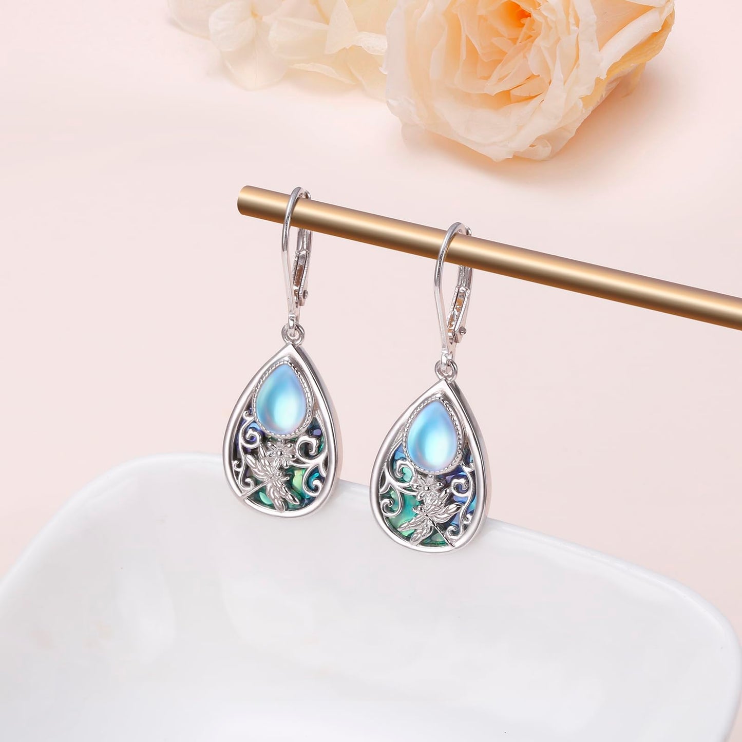 SHAOAN 925 Sterling Silver Dragonfly Moonstone Dangle Drop Earrings Abalone Shell Leverback Teardrop Earring Jewelry Gifts for Women
