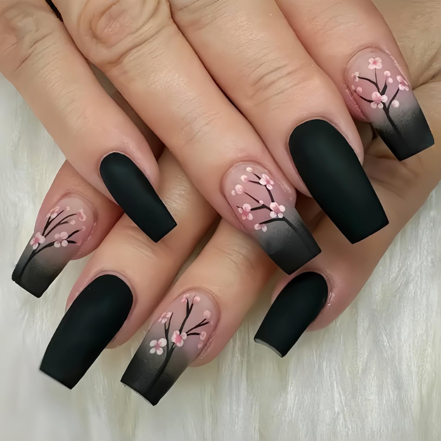CJDLTS 24Pcs Flower Press on Nails Medium Black French False Nails Pink Floral Pattern Design Coffin Nails Full Cover Acrylic Nails Ballet Shaped Stick on Nails Artificial Glue on Nails for Women