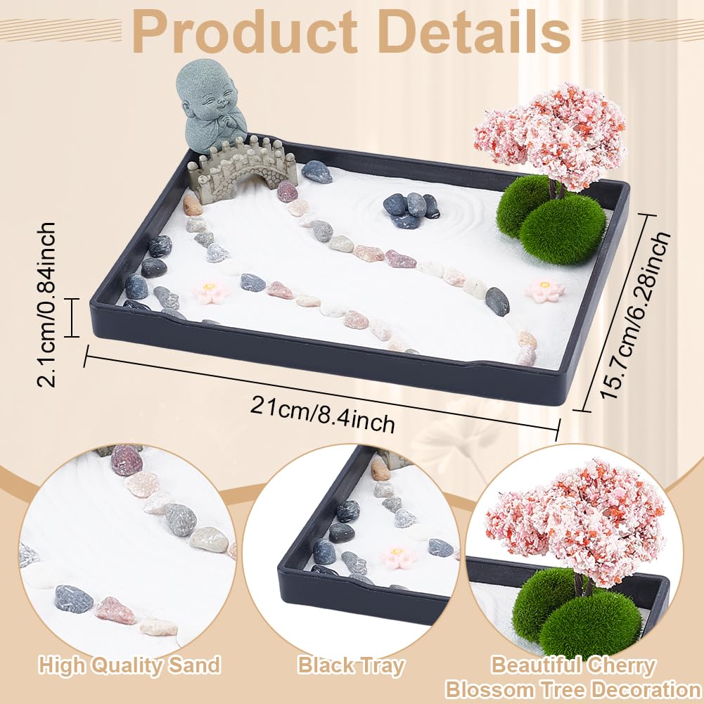 WEBEEDY Mini Zen Garden Kit Japanese Style Sand Tray Kit Sand Garden for Desktop with Tray,Desk Sandbox Miniature Ornaments Kit for Home Office Desk Beautiful Decor Relaxation Meditation