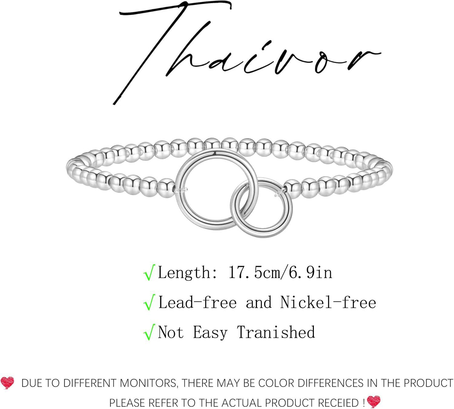 Beaded Bracelets for Women 14K Silver Gold Plated Stretch Handmade Ball Bracelets Cute Charm Bracelet Dainty Stackable Cross Heart Bow Wave CZ Circle Trendy Jewelry Easter Gifts (double-circle-silver)