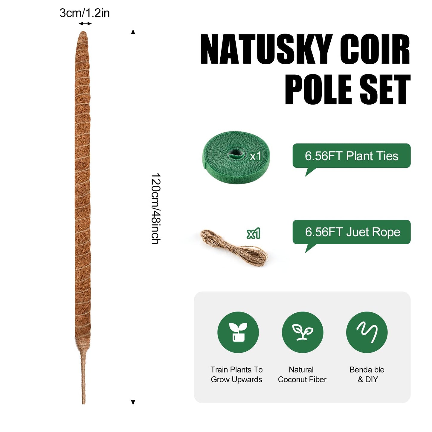 Handmade Coco Coir Moss Pole - 48 Inch Bendable Sticks Support for Climbing Plants, Monstera, Indoor Plants to Grow Upwards